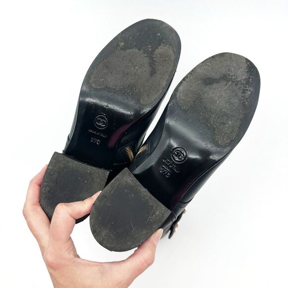 CHANEL 2019 Black Leather Lace Up Combat Boots Size 37 CC Logo Booties Cap Toe - Picture 11 of 12